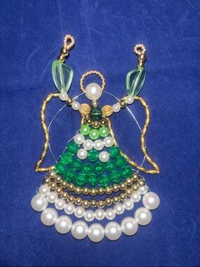 Handcrafted Green Beaded Angel Ornament with Gold and Pearl Accents